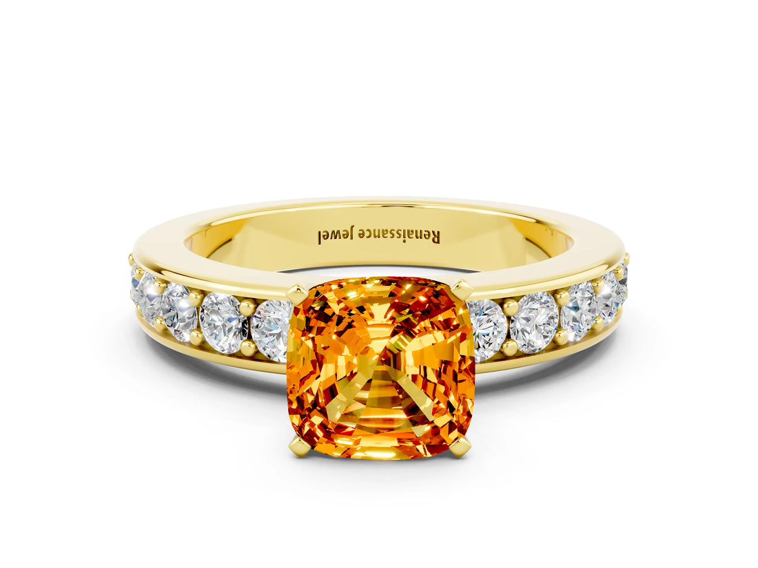 Yellow gold Cushion Cut Cut Channel Set Diamond Engagement Ring with Four-Prong Setting