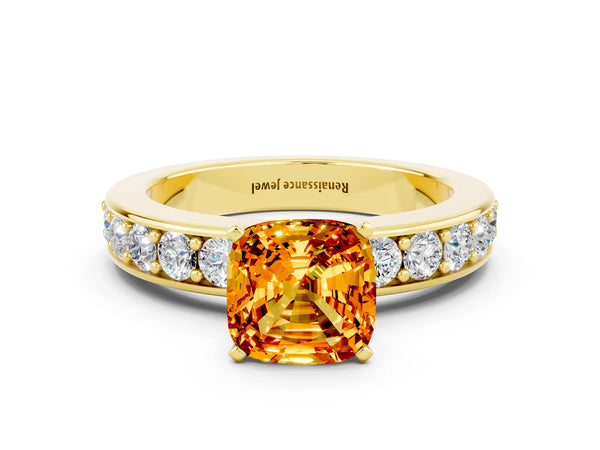 Yellow gold Cushion Cut Citrine Engagement Ring with Channel Set Round  Band and Prong Setting