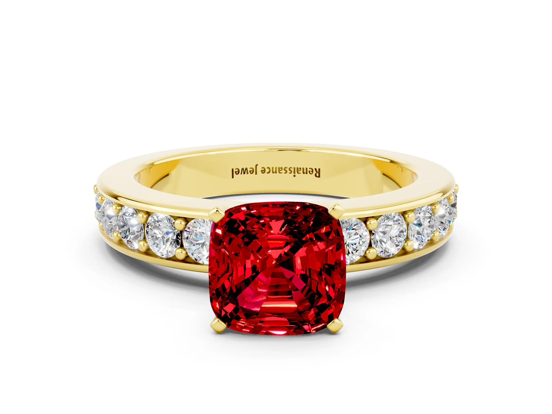 Yellow gold Cushion Cut Cut Channel Set Diamond Engagement Ring with Four-Prong Setting