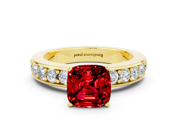 Yellow gold Cushion Cut Ruby Engagement Ring with Channel Set Round  Band and Prong Setting