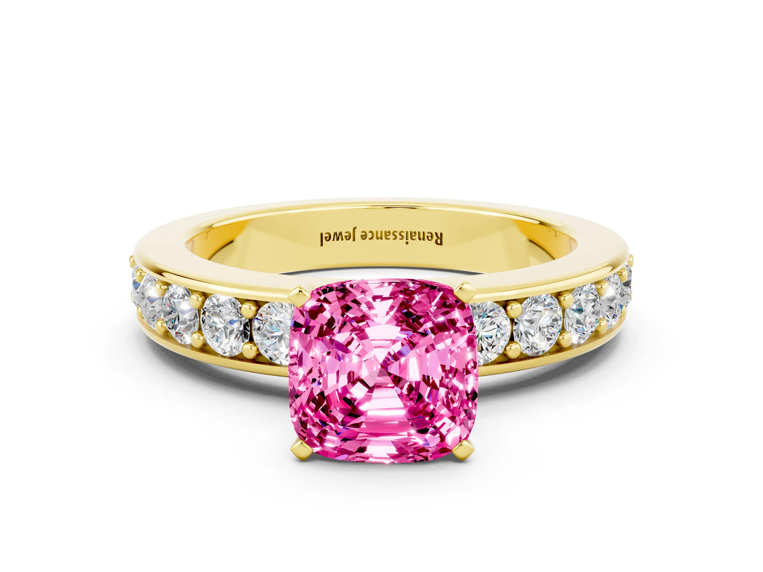 Yellow gold Cushion Cut Cut Channel Set Diamond Engagement Ring with Four-Prong Setting
