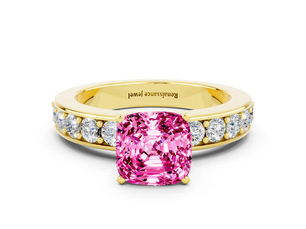Yellow gold Cushion Cut Pink Sapphire Engagement Ring with Channel Set Round  Band and Prong Setting