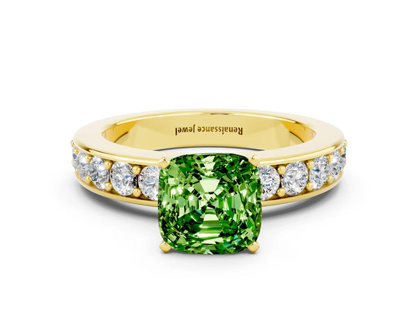 Yellow gold Cushion Cut Peridot Engagement Ring with Channel Set Round  Band and Prong Setting