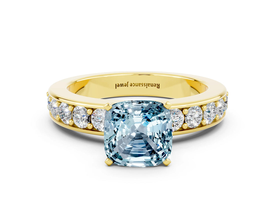 Yellow gold Cushion Cut Cut Channel Set Diamond Engagement Ring with Four-Prong Setting