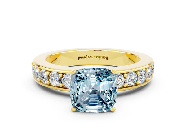 Yellow gold Cushion Cut Aquamarine Engagement Ring with Channel Set Round  Band and Prong Setting