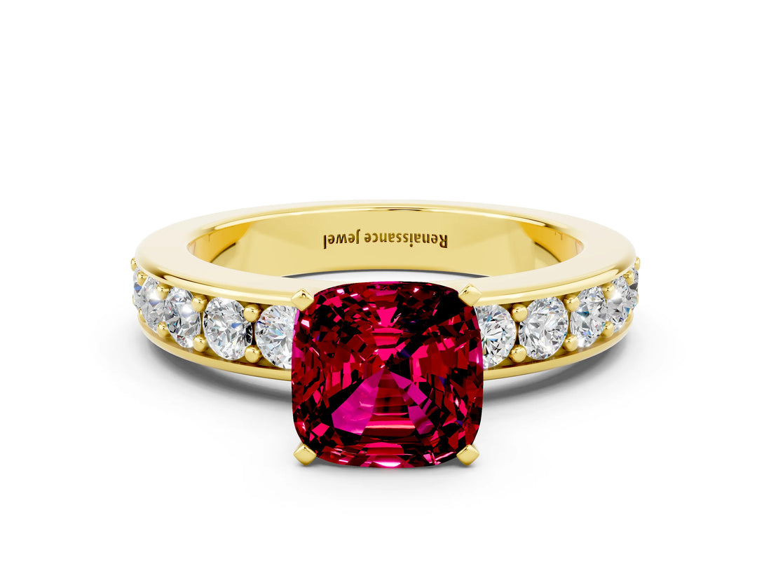 Yellow gold Cushion Cut Cut Channel Set Diamond Engagement Ring with Four-Prong Setting