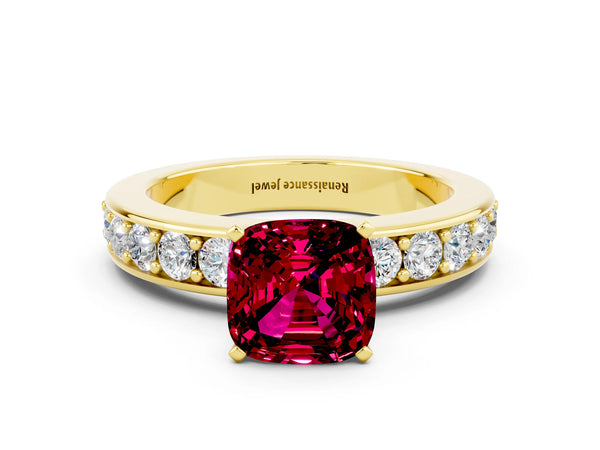 Yellow gold Cushion Cut Garnet Engagement Ring with Channel Set Round  Band and Prong Setting