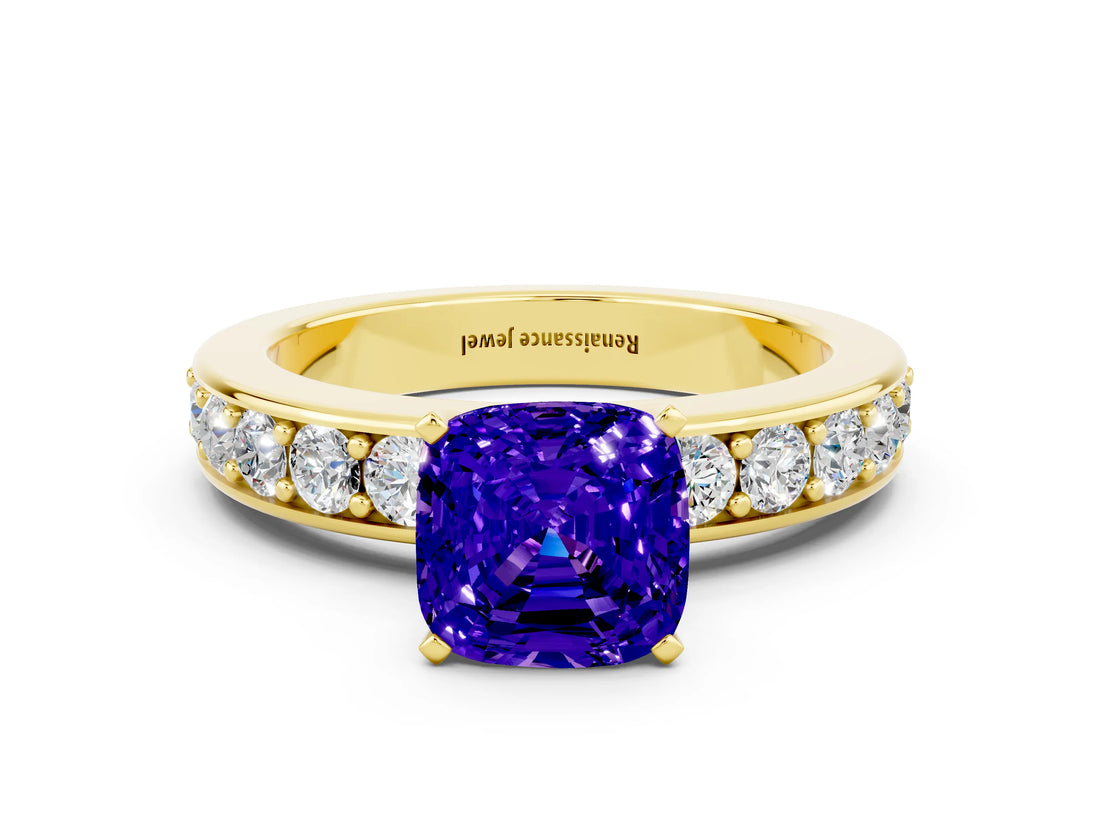 Yellow gold Cushion Cut Cut Channel Set Diamond Engagement Ring with Four-Prong Setting