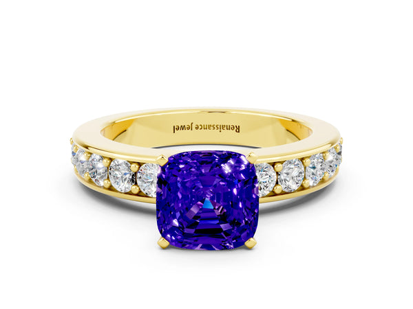 Yellow gold Cushion Cut Tanzanite Engagement Ring with Channel Set Round  Band and Prong Setting