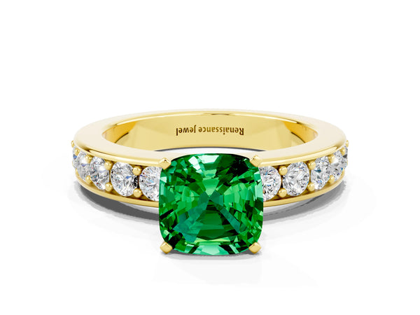 Yellow gold Cushion Cut Emerald Engagement Ring with Channel Set Round  Band and Prong Setting