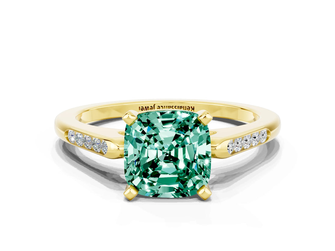 Yellow gold Cushion Cut Cut Channel Set Solitaire Engagement Ring with Four-Prong Setting
