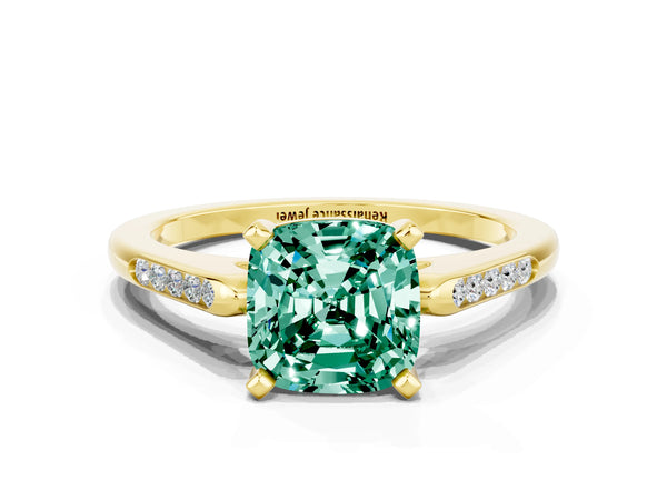 Yellow gold Cushion Cut Green Sapphire Solitaire Ring with Channel Set Round  Band and Prong Setting