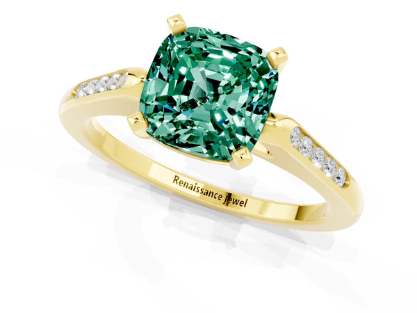 Yellow gold Cushion Cut Green Sapphire Solitaire Ring with Channel Set Round  Band and Prong Setting