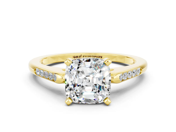 Yellow gold Cushion Cut Moissanite Solitaire Ring with Channel Set Round  Band and Prong Setting