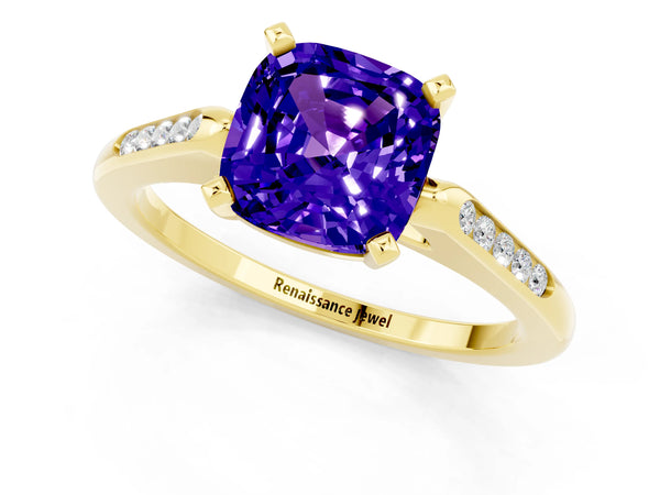 Yellow gold Cushion Cut Tanzanite Solitaire Ring with Channel Set Round  Band and Prong Setting
