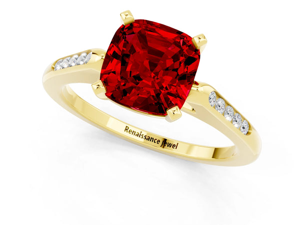Yellow gold Cushion Cut Ruby Solitaire Ring with Channel Set Round  Band and Prong Setting