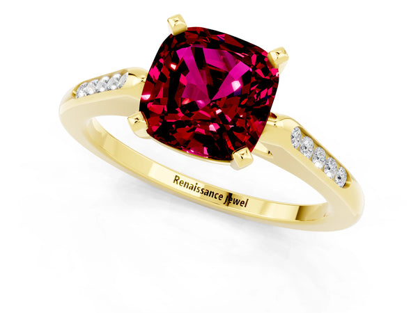 Yellow gold Cushion Cut Garnet Solitaire Ring with Channel Set Round  Band and Prong Setting