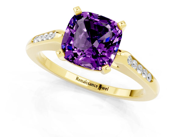 Yellow gold Cushion Cut Amethyst Solitaire Ring with Channel Set Round  Band and Prong Setting