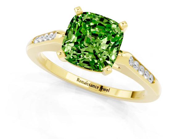 Yellow gold Cushion Cut Peridot Solitaire Ring with Channel Set Round  Band and Prong Setting