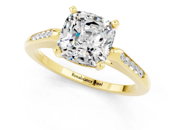 Yellow gold Cushion Cut Moissanite Solitaire Ring with Channel Set Round  Band and Prong Setting