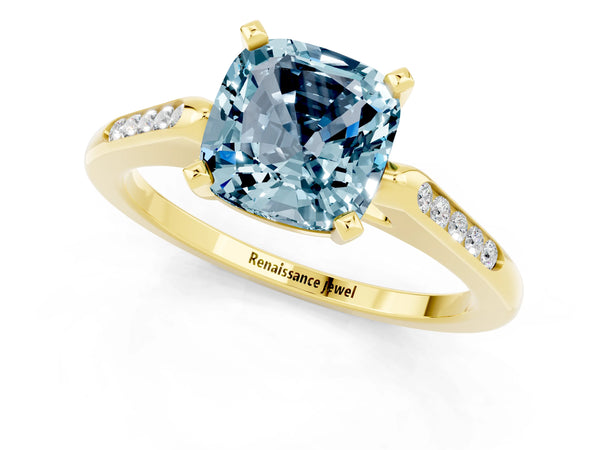 Yellow gold Cushion Cut Aquamarine Solitaire Ring with Channel Set Round  Band and Prong Setting