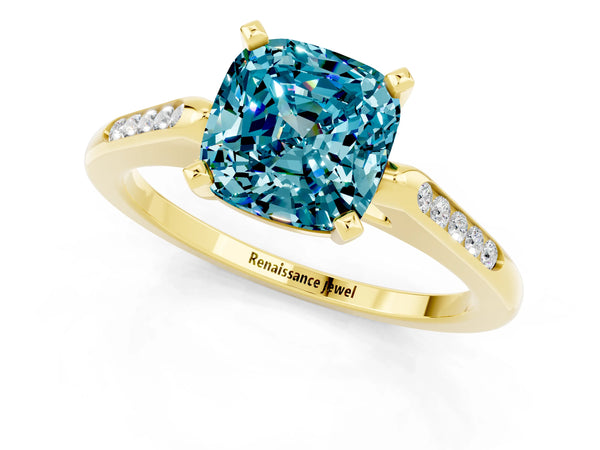 Yellow gold Cushion Cut Blue Topaz Solitaire Ring with Channel Set Round  Band and Prong Setting