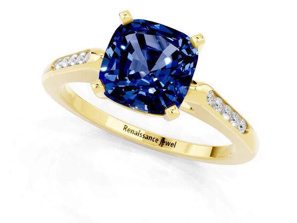 Yellow gold Cushion Cut Blue Sapphire Solitaire Ring with Channel Set Round  Band and Prong Setting