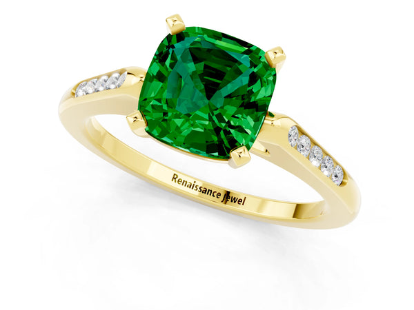 Yellow gold Cushion Cut Emerald Solitaire Ring with Channel Set Round  Band and Prong Setting