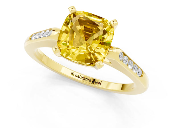 Yellow gold Cushion Cut Yellow Sapphire Solitaire Ring with Channel Set Round  Band and Prong Setting