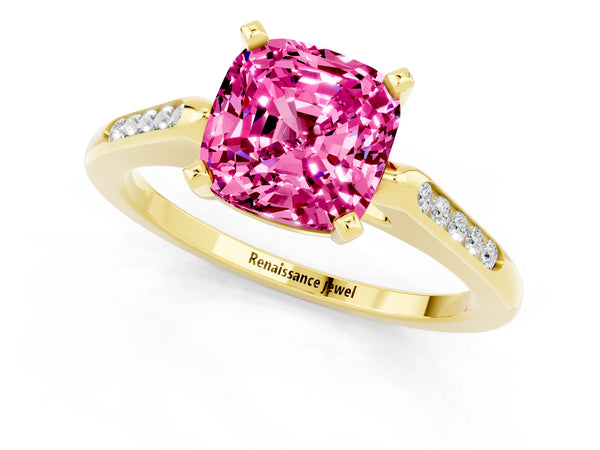 Yellow gold Cushion Cut Pink Sapphire Solitaire Ring with Channel Set Round  Band and Prong Setting