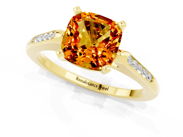 Yellow gold Cushion Cut Citrine Solitaire Ring with Channel Set Round  Band and Prong Setting