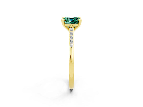 Yellow gold Cushion Cut Green Sapphire Solitaire Ring with Channel Set Round  Band and Prong Setting