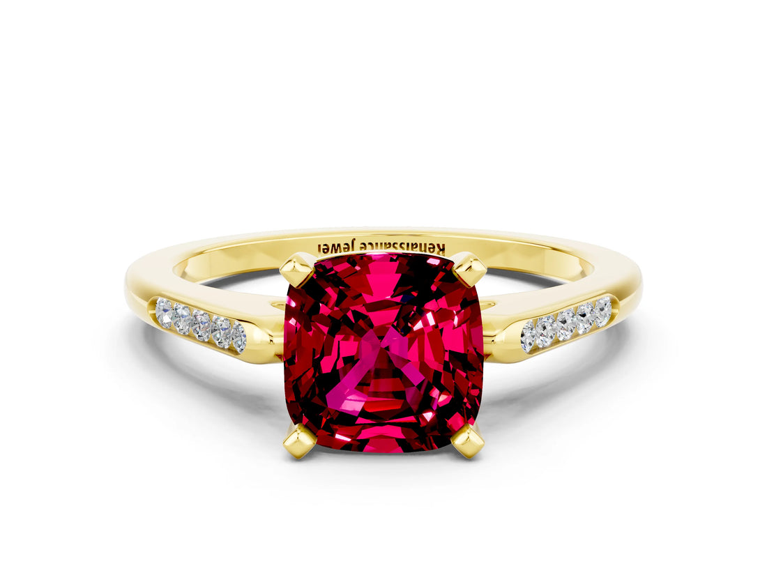 Yellow gold Cushion Cut Cut Channel Set Solitaire Engagement Ring with Four-Prong Setting