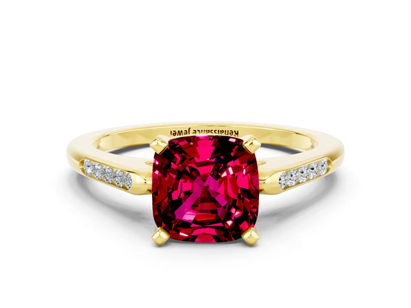 Yellow gold Cushion Cut Garnet Solitaire Ring with Channel Set Round  Band and Prong Setting
