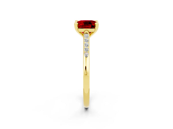 Yellow gold Cushion Cut Ruby Solitaire Ring with Channel Set Round  Band and Prong Setting