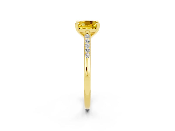 Yellow gold Cushion Cut Yellow Sapphire Solitaire Ring with Channel Set Round  Band and Prong Setting