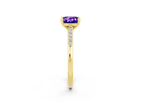 Yellow gold Cushion Cut Tanzanite Solitaire Ring with Channel Set Round  Band and Prong Setting