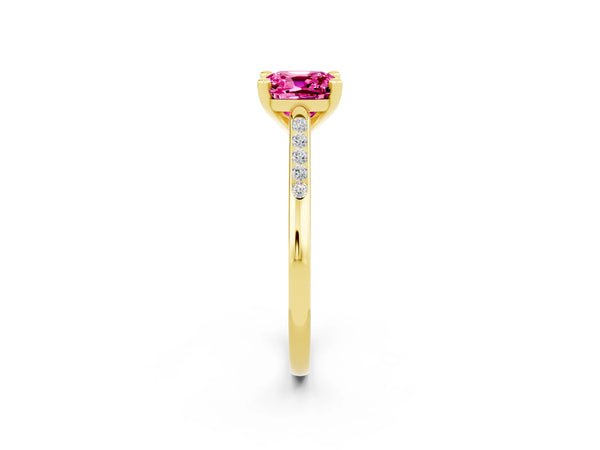 Yellow gold Cushion Cut Pink Sapphire Solitaire Ring with Channel Set Round  Band and Prong Setting