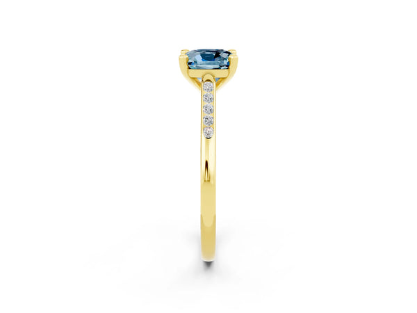 Yellow gold Cushion Cut Aquamarine Solitaire Ring with Channel Set Round  Band and Prong Setting