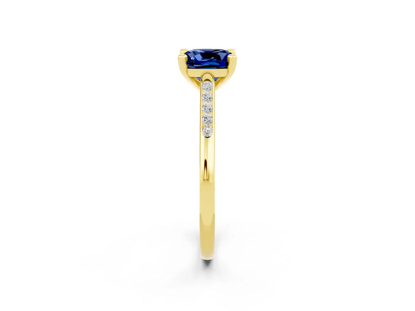 Yellow gold Cushion Cut Blue Sapphire Solitaire Ring with Channel Set Round  Band and Prong Setting