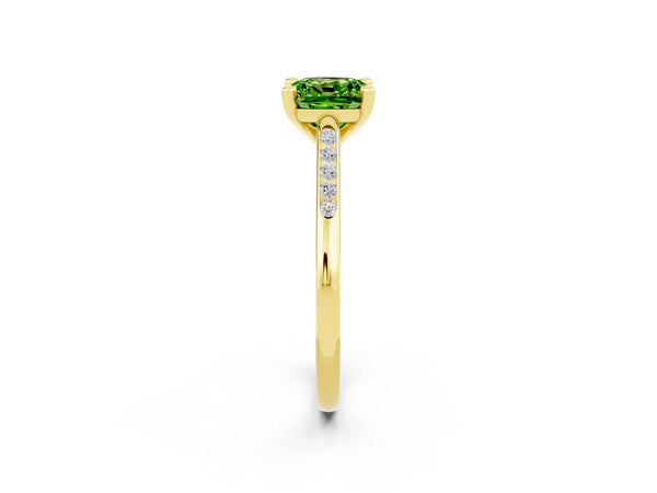 Yellow gold Cushion Cut Peridot Solitaire Ring with Channel Set Round  Band and Prong Setting