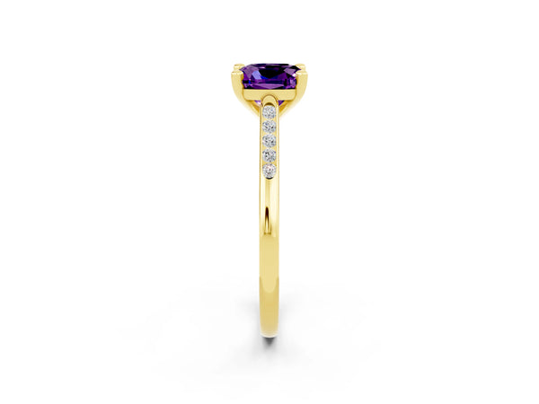 Yellow gold Cushion Cut Amethyst Solitaire Ring with Channel Set Round  Band and Prong Setting