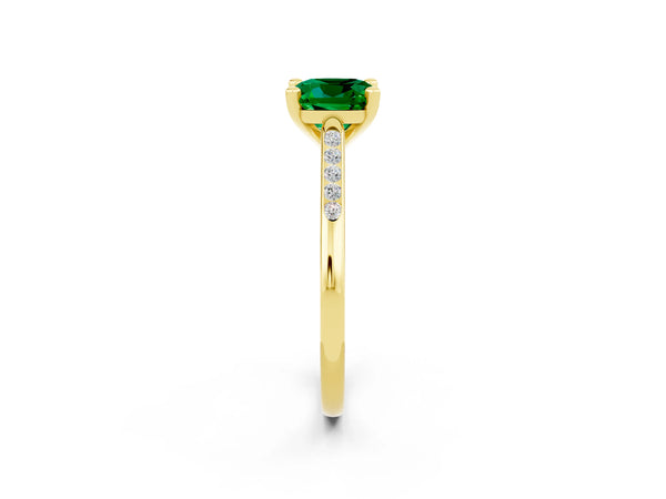 Yellow gold Cushion Cut Emerald Solitaire Ring with Channel Set Round  Band and Prong Setting