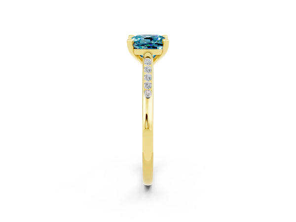 Yellow gold Cushion Cut Blue Topaz Solitaire Ring with Channel Set Round  Band and Prong Setting