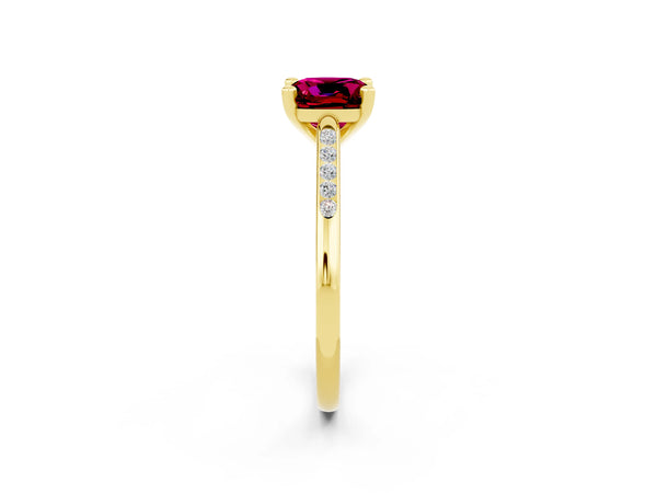 Yellow gold Cushion Cut Garnet Solitaire Ring with Channel Set Round  Band and Prong Setting