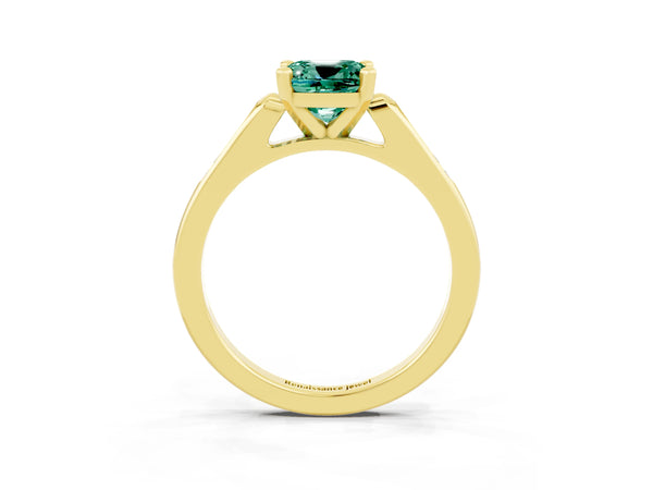 Yellow gold Cushion Cut Green Sapphire Solitaire Ring with Channel Set Round  Band and Prong Setting