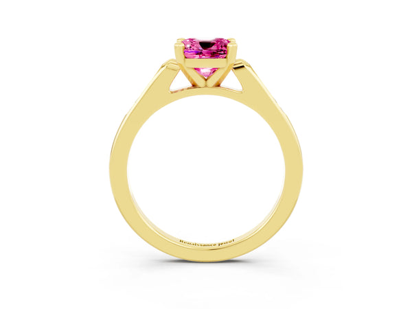 Yellow gold Cushion Cut Pink Sapphire Solitaire Ring with Channel Set Round  Band and Prong Setting