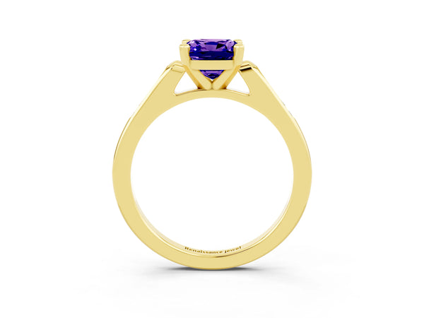 Yellow gold Cushion Cut Tanzanite Solitaire Ring with Channel Set Round  Band and Prong Setting