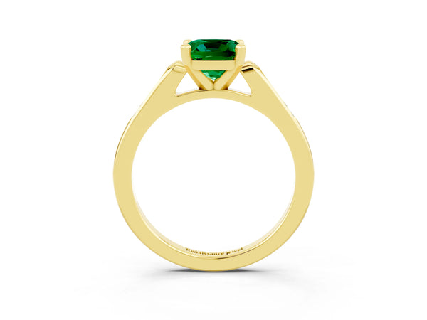 Yellow gold Cushion Cut Emerald Solitaire Ring with Channel Set Round  Band and Prong Setting