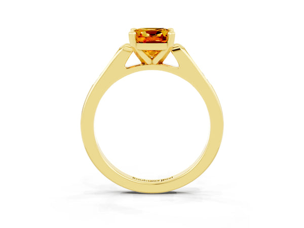 Yellow gold Cushion Cut Citrine Solitaire Ring with Channel Set Round  Band and Prong Setting